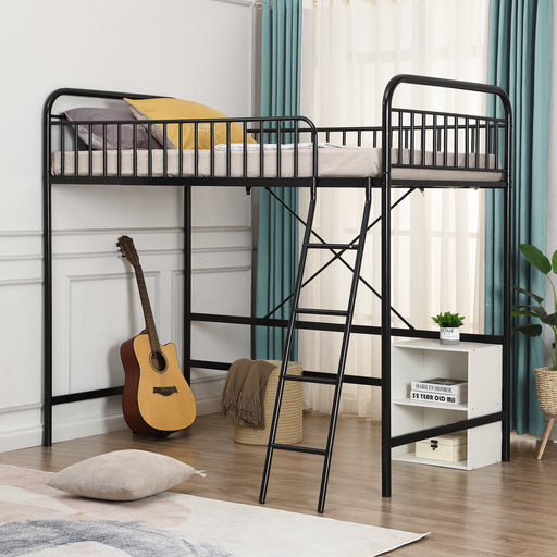【US Stock】Twin Loft Bed with Full-length Guardrail and Ladder, Black - HANBUN