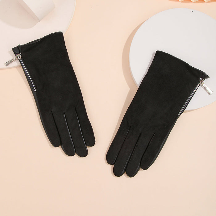Suede Zipper - Black Lady's Gloves - HANBUN