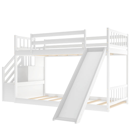 【US Stock】Twin Over Twin Bunk Bed with Convertible Slide and Stairway, White - HANBUN