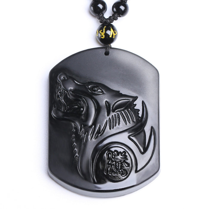 Obsidian Wolf Head Wolf Tusheng Elephant Side Buddha Pendant - HANBUN