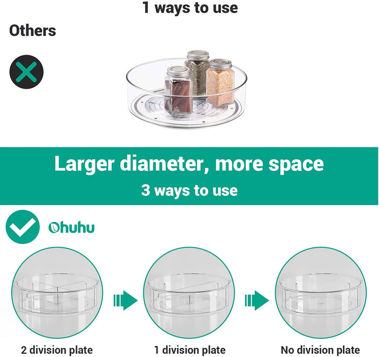 Turntable, 2 Pack  Organizer, 12" Round Plastic Clear s Spice Rack, Non-Skid Turntable Organizer with 2 Division Plate for Cabinet, Pantry, Fridge, Countertop