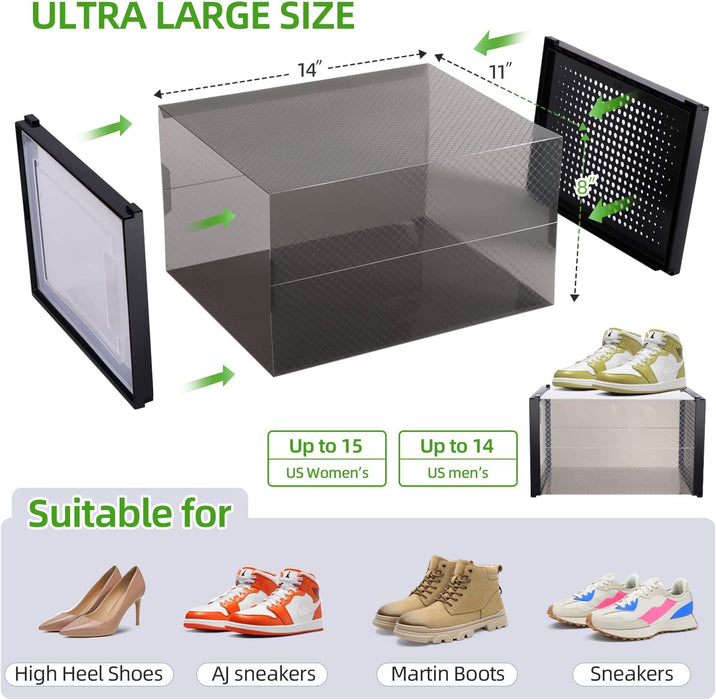 Shoe Storage Box Clear Organizer:  XL Large Size Stackable Plastic Shoes Containers - Sneaker Closet Drawer Type Front Opening - 6 Pack Boot Bins Display Case Fit Up to US Men 14