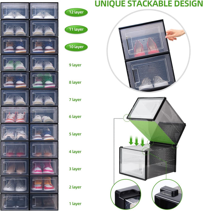 Shoe Storage Box Clear Organizer:  XL Large Size Stackable Plastic Shoes Containers - Sneaker Closet Drawer Type Front Opening - 6 Pack Boot Bins Display Case Fit Up to US Men 14