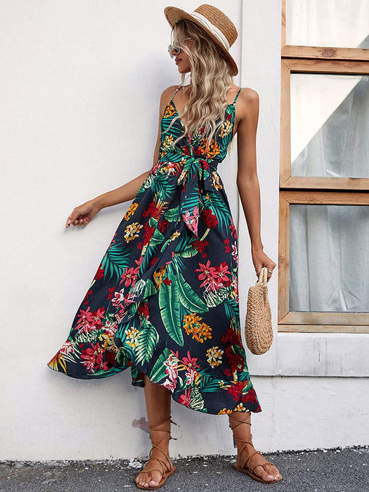 Women'S Tropical Print Wrap Dress - HANBUN