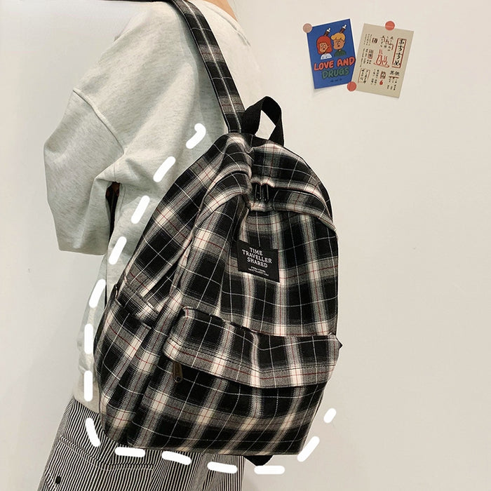 Backpack Plaid Canvas School Bag School Bag Travel Backpack - HANBUN