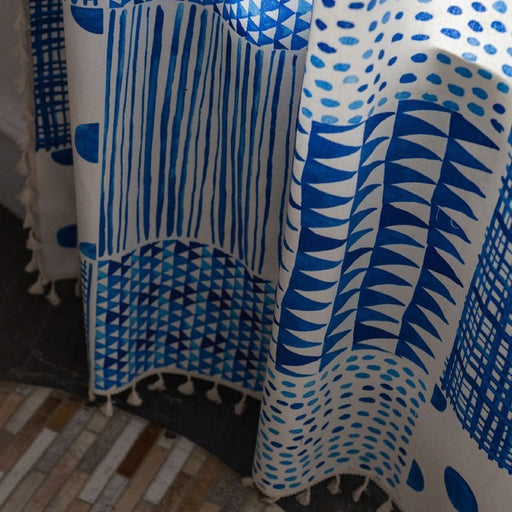 Blue Geometric Patchwork Print Curtains - HANBUN