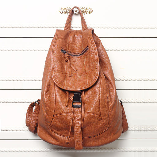 Backpack Washed Leather Shoulder Bag Leather Schoolbag - HANBUN