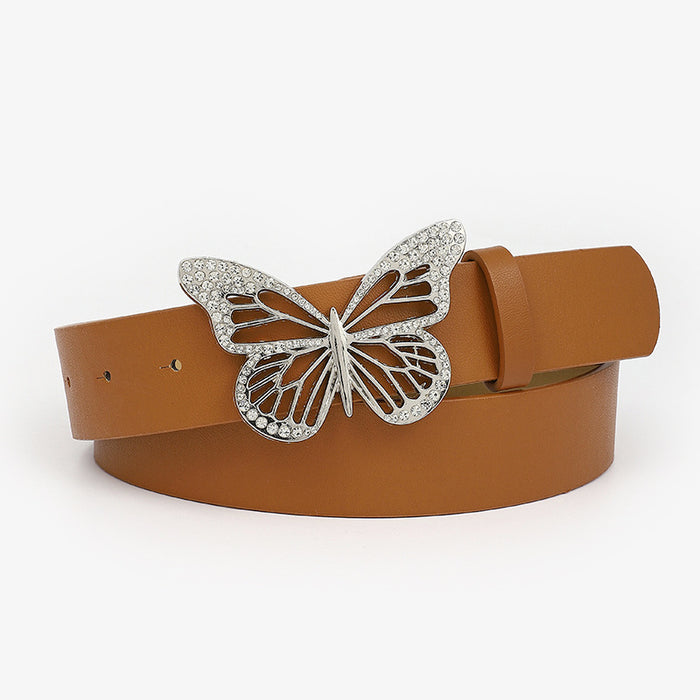 Women Rhinestone Butterfly Buckle Waist Strap - HANBUN