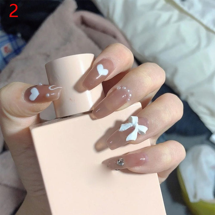 24Pcs French Coffin Pearl Bow False Nails