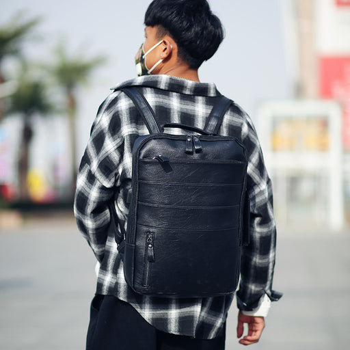 Casual PU Leather Backpack Female Male Handbag Student Schoolbag - HANBUN
