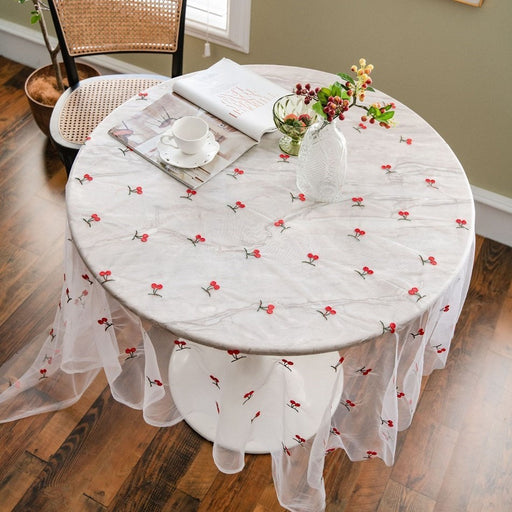 Cherry Flower Embroidery Rectangular Tablecloth - HANBUN