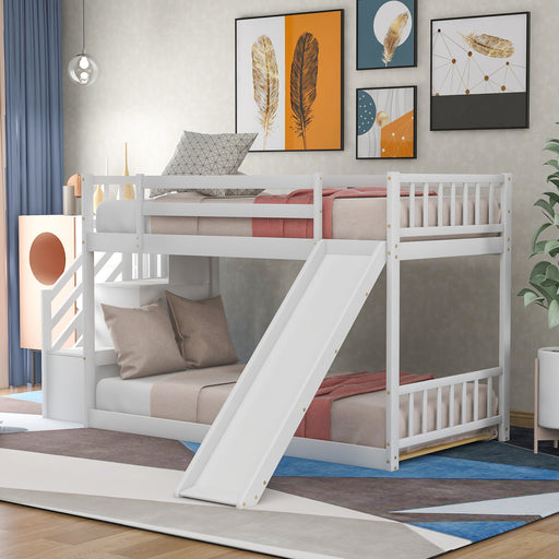 【US Stock】Twin Over Twin Bunk Bed with Convertible Slide and Stairway, White - HANBUN