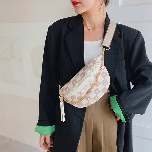 Female Waist Bag Plaid Leather Waist Bag Shoulder Strap Chest Bag Leather Belt Wallet - HANBUN